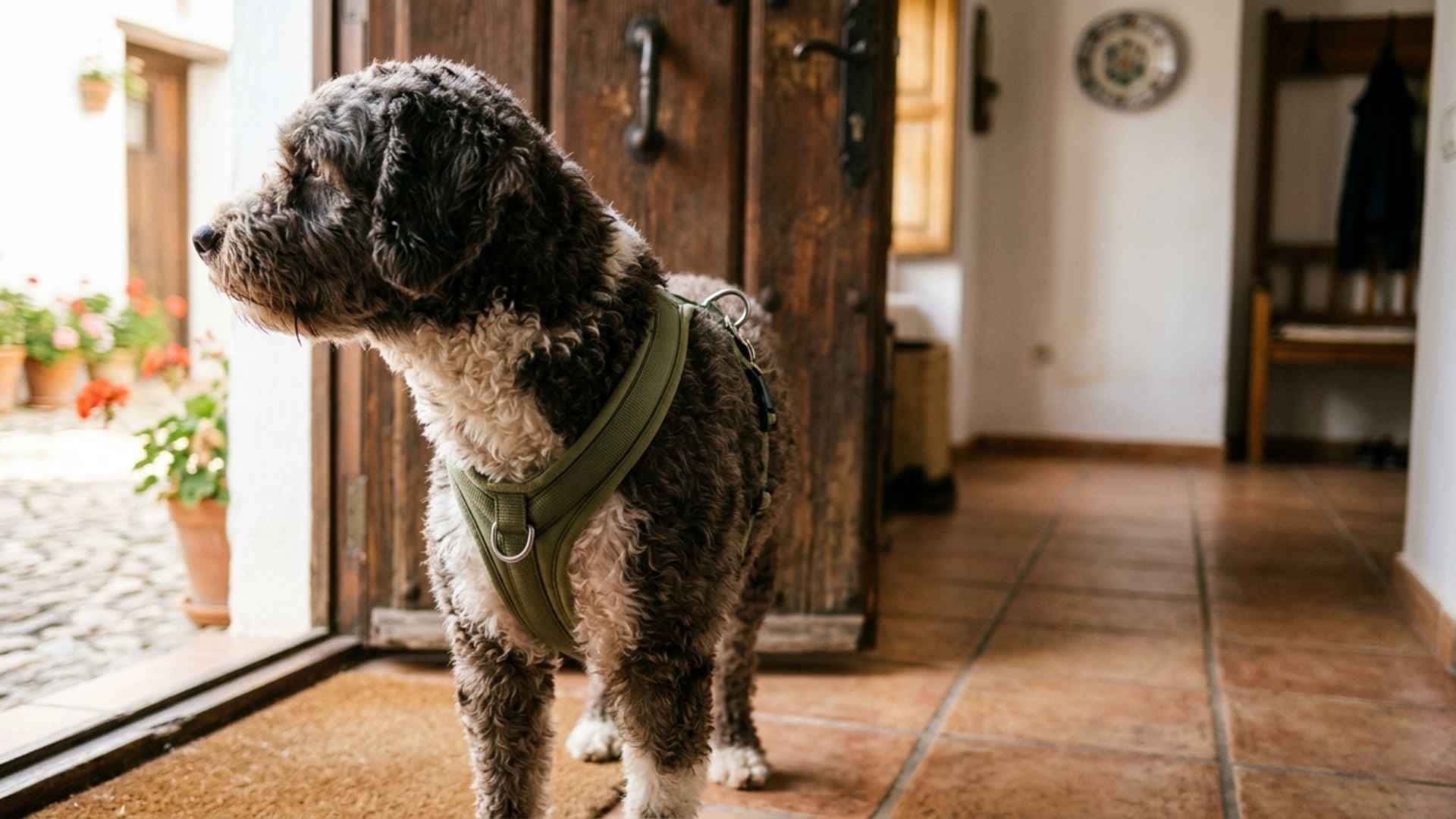 perro mirando desde la puerta a la calle
